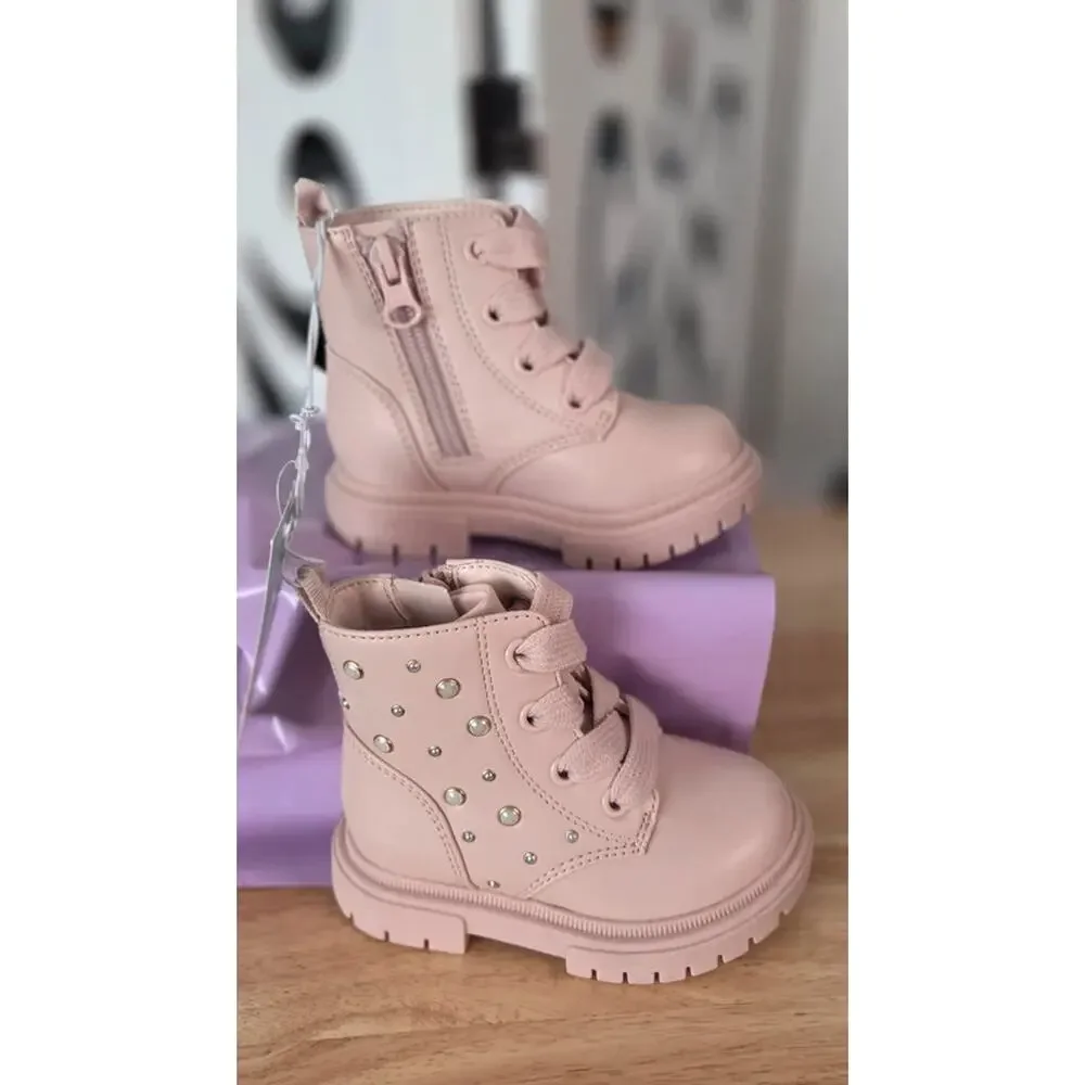 Cat & Jack Amaya Toddler Girls Blush Combat Boots Pearl Stud Zip NWT Size 5